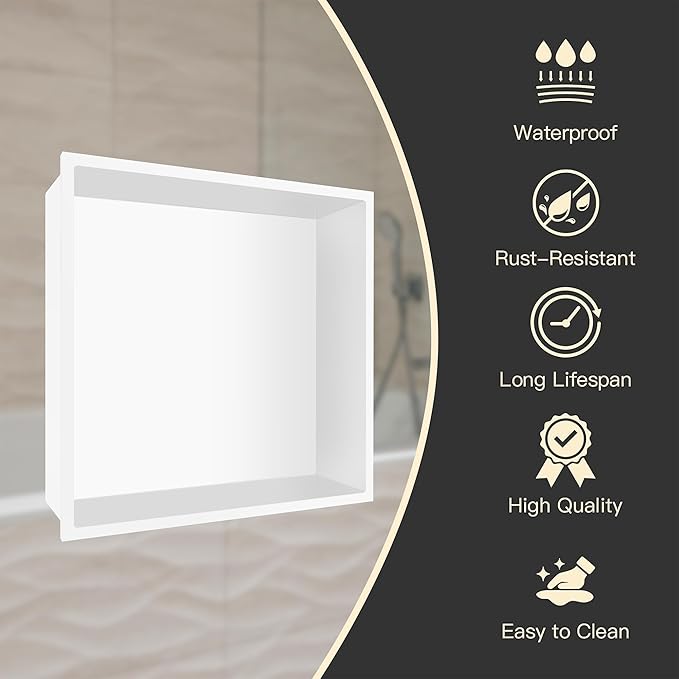BATHFINESSE Shower Niche No Tile Needed, 12 x 12 White Shower Niche Insert Tile Ready, Recessed for Shower Wall Bathroom Storage Over Mount Installation