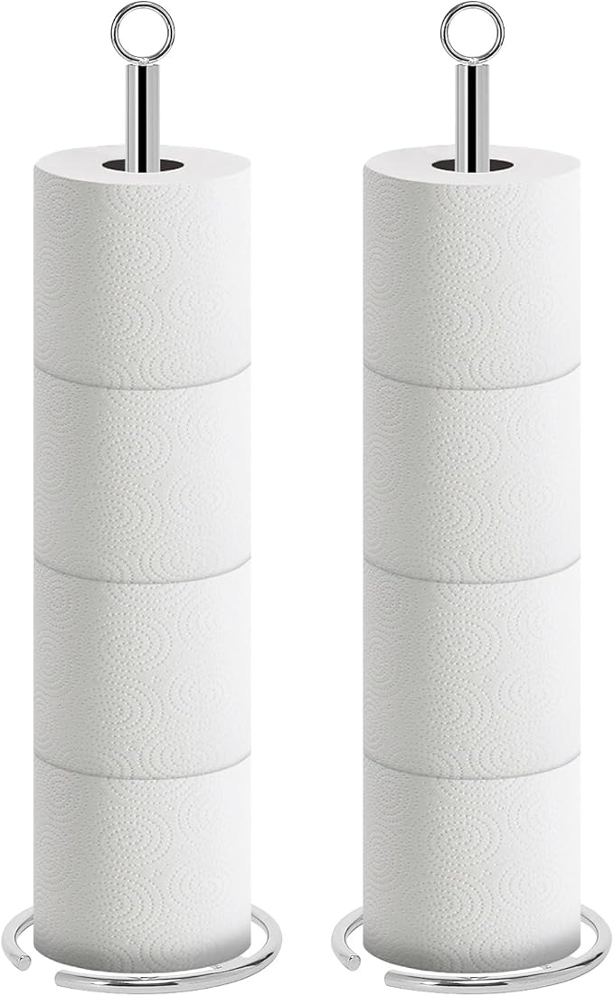 NearMoon Bath Toilet Paper Holder Stand, Freestanding Tissue Paper Storage with Reserve, Space Toilet 4 Rolls Holder for Bathroom/Kitchen Countertop-All Metal (2 Pack, Chrome Finish)
