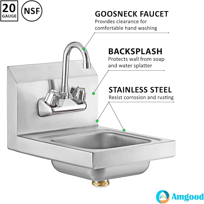AmGood Stainless Steel Wall Mount Hand Sink 12" x 12" | NSF Commercial Hand Washing Basin with Faucet For Restaurant, Kitchen and Home | Bowl Size: 8" x 10"