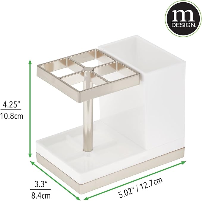 mDesign Plastic Toothbrush and Toothpaste Storage Organizer Holder - Home Decor for Bathroom Countertop - Holds Toiletries and Beauty Accessories - Lumiere Collection - White/Brushed