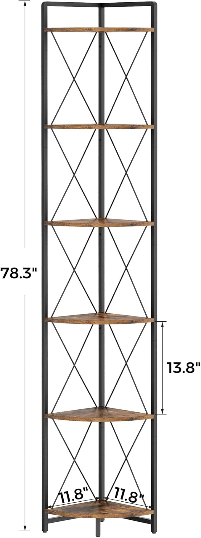 6 Tier Corner Shelf Stand, 78" H Tall Industrial Corner Bookshelf for Living Room Decor, Metal Corner Shelf, Plant Stand Display Shelf for Bedroom, Bathroom, Small Space, Rustic Brown