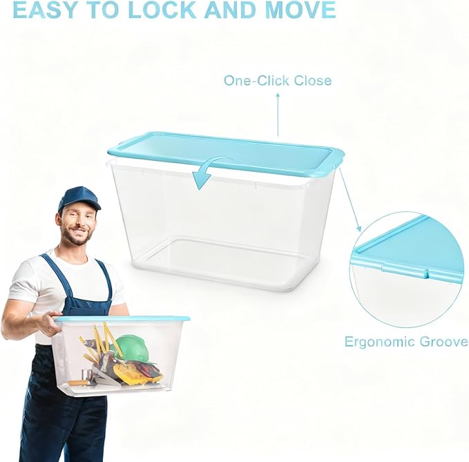 Storage Totes with Lids - Made in USA 14.5-Gallon (58-Quart) 4-Pack storage bins with lids plastic storage containers large storage boxes for Organizer Sky Blue/Clear
