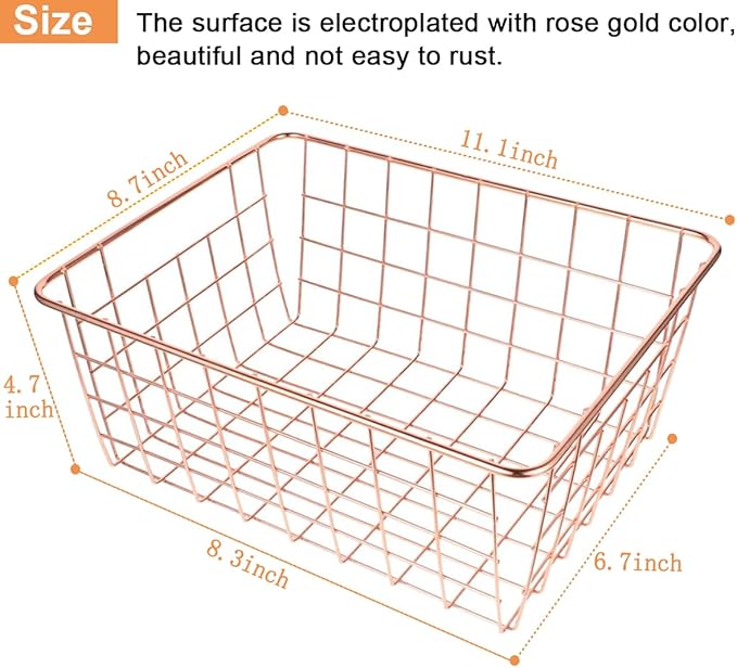 4 Pack Wire Baskets for Pantry Metal Wire Freezer Organizer Bins with Handles, Metal Basket Rose Gold Wire Baskets for Storage Organizing Office, Kitchen Cabinets, Bathroom, Countertop
