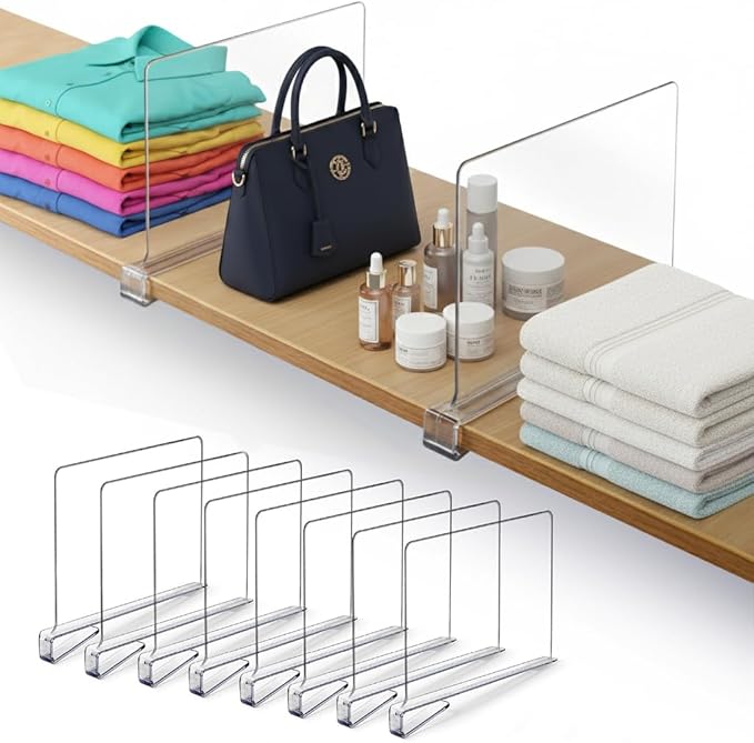 8 Pack Acrylic Shelf Dividers for Closet 11x7.9 Inch – Acrylic Dividers for Shelves Clear Closet Shelf Separators for Purses, Clothes Storage – Vertical Bookshelf Dividers for Bedroom & Kitchen