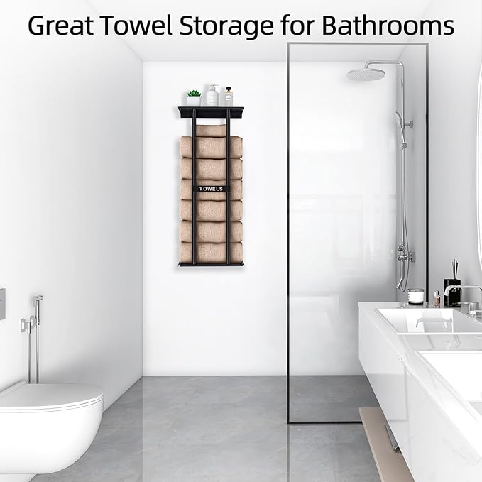 Bathroom Towel Storage for Bathroom, Wall Towel Rack for Rolled Towels, 30 inch Towel Holder Wall Mounted with Metal Shelf Can Holds 6 Large Towels, Brushed Nickel