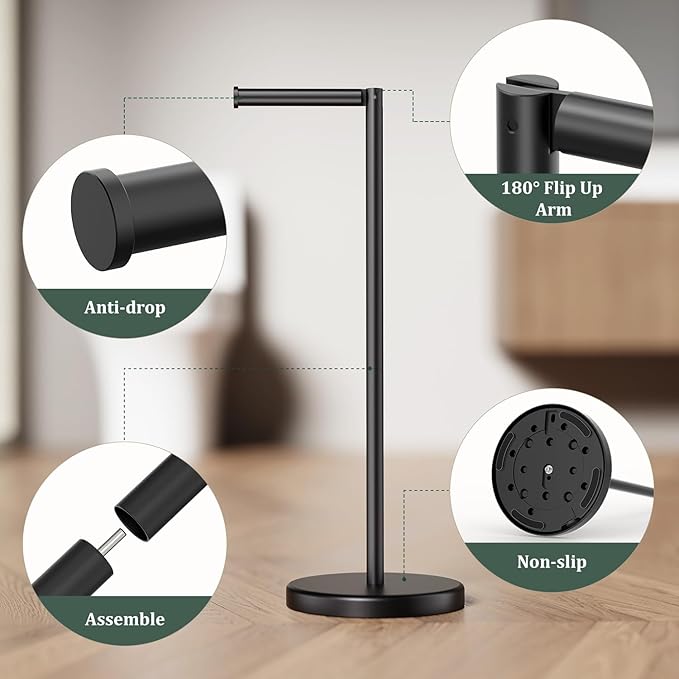 Evolvegoods Matte Black Toilet Paper Holder Stand, Free Standing Toilet Paper Holder for Bathroom, 304 Stainless Steel Rustproof Toilet Paper Stand Storage for 4 Rolls(Fits All Rolls)
