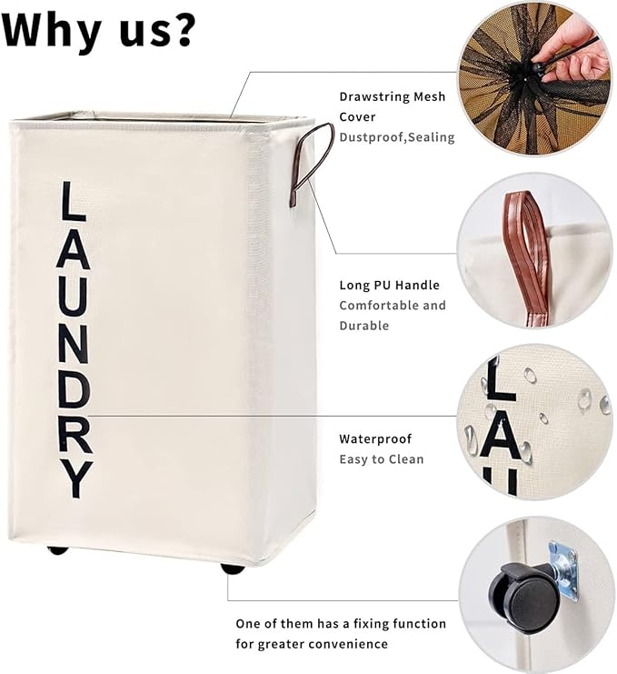 92L Large Laundry Hamper with Leather Handle,Standable Laundry Basket with Wheels ,Large Hamper,Rolling Laundry Basket White