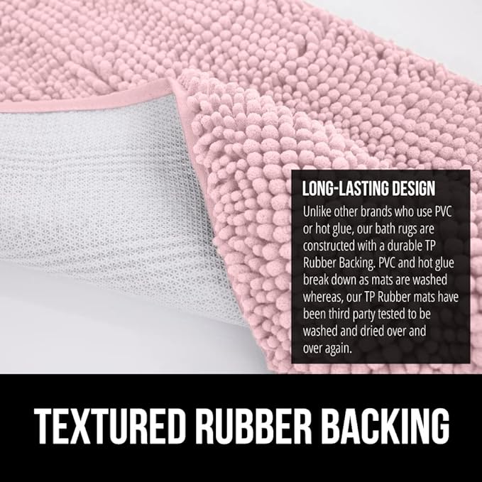 GORILLA GRIP Bath Rug Mat 60x24, Soft Absorbent Chenille, Quick Dry Microfiber Mats, Rubber Backing Washable Shower Floor Rugs, Bathmat Runner, US Designed Bathroom Home Decor Accessories Light Pink