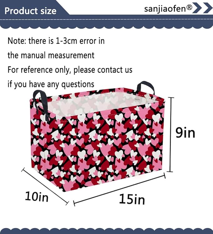 Sanjiaofeng Rectangular Valentine's Day Basket Love Storage Bins,Girls Storage Basket with Handles.Clothers,Books,Kid's Gifts Bins. (Black red heart)