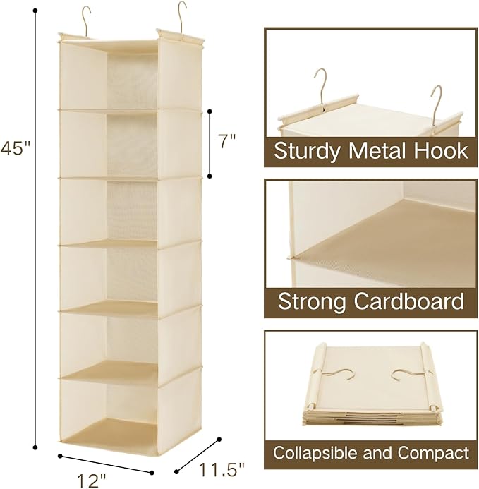 MAX Houser 6 Tier Shelf Hanging Closet Organizer, Closet Hanging Shelf with 2 Sturdy Hooks for Storage,2 Pack, Foldable (Yellow)