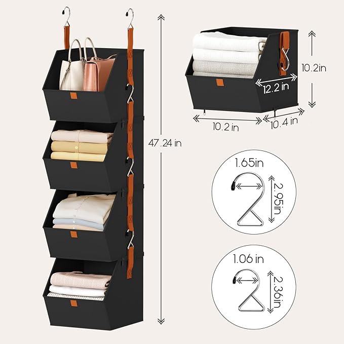 Hanging Closet Organizer 4 Tier - Clothes Hanging Shelves, Space-Saving Closet System, Fabric Storage Bins Bedroom Organization, Collapsible Baskets for Home, Dorm, Rv, Black, 8 Pack