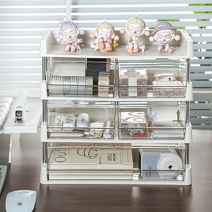Modular Drawer Organizer, Stackable 4 Trays Come with 5 Drawers box for Tea Bags, Coffee Pods, Spices, Makeup, Office Supplies, Snacks, 12.7x6.7x12.2 inches Countertop Drawer Organizer