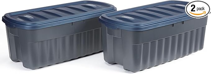Rubbermaid Roughneck️ 50 Gallon Storage Totes, Durable, Stackable Storage Containers with Lids, Great for Home, Office, and Garage Organization, Grey Base and Dark Indigo Metallic Lid, Pack of 2, Grey and Dark Indigo Metallic, 50 Gal - 2 Pack
