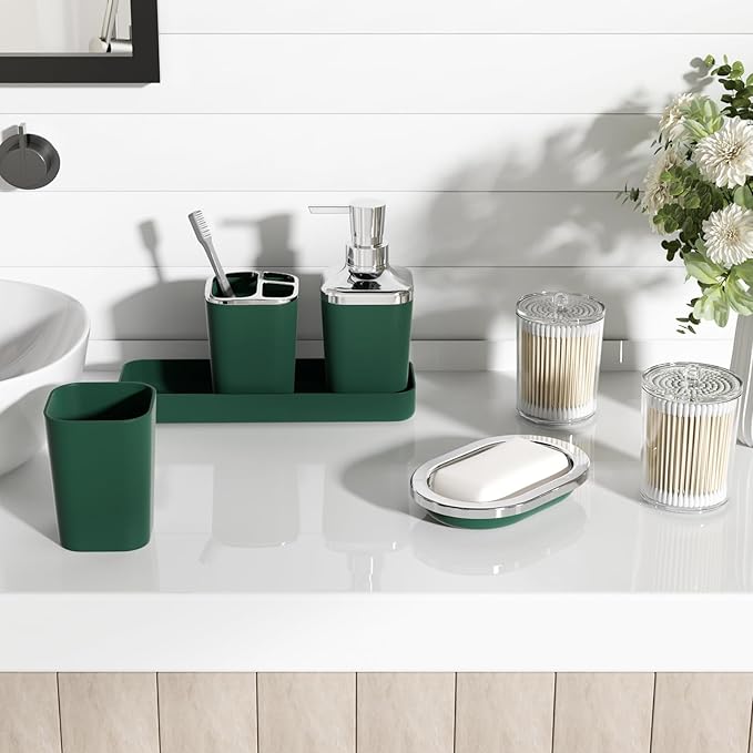 Dark Green Bathroom Accessories Set, Green Bathroom Set with Trash Can, Toothbrush Holder, Toothbrush Cup, Soap Dispenser, Soap Dish, Toilet Brush Holder, 2 Qtip Holder Dispensers and Tray