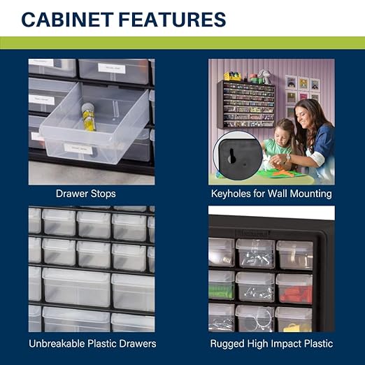 Akro-Mils 44-Drawer Plastic Drawer Storage Cabinet for Garage Organization, Bead Organizer, Building Bricks Storage, Teacher Toolbox, Makeup Organizer, 20" W x 6" D x 16" H, 10144 Black (Pack of 2)