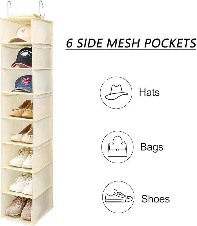 Hanging Shoe Organizer for Closet with Side Mesh Pockets，Hat Racks for Baseball Caps，Shoe and Hat Holder & Storage，8-Shelf，Beige，2 Pack