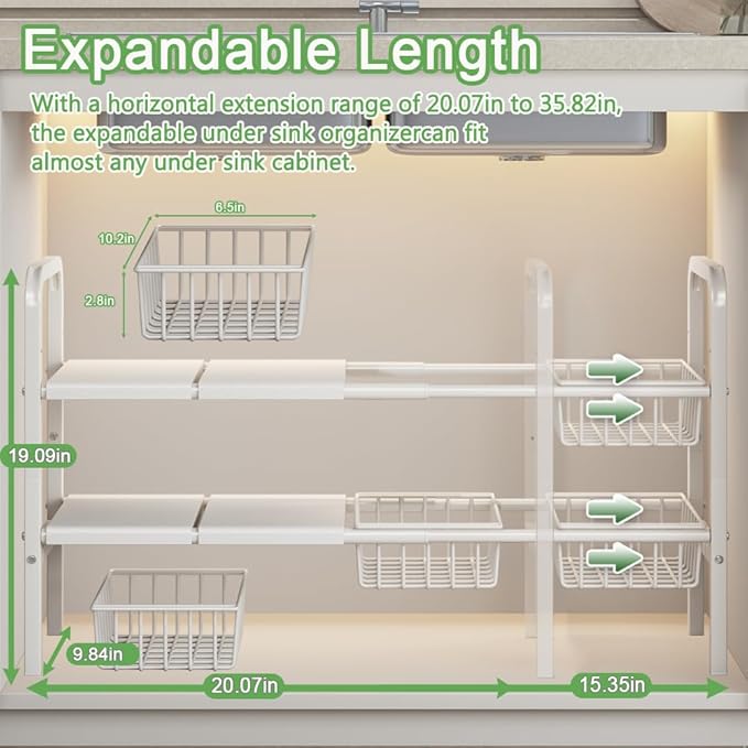 Under Sink Organizer and Storage 2 Tier Expandable Shelves Kitchen Cabinet Crganizers with 4 Baskets and 4 Panels for Bathroom Counter shelf Pantry
