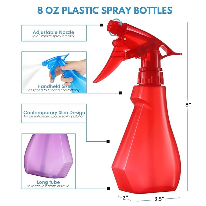DilaBee (4-Pack, 8oz Plastic Empty Spray Bottles for Cleaning Solutions, Plants, Cooking, BBQ. Small Spray Bottle for Hair, Plant Mister, Mini Squirt Bottle for Cat - Food-Grade BPA-Free - Multicolor
