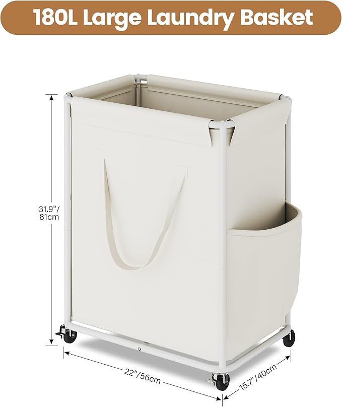 Homeiju 180L Large Laundry Hamper with Wheels, Rolling Laundry Basket with Metal Frame and Removable Bag Design, Dirty Clothes Laundry Cart for Bathroom, Dorm Room, Laundry Room, White