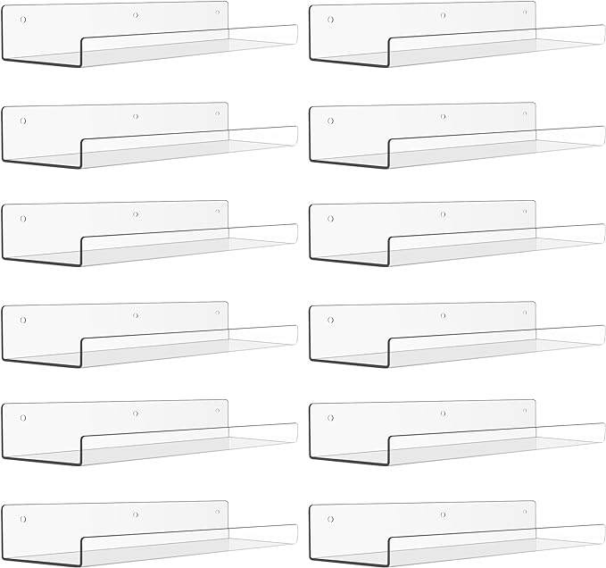 upsimples 12 Pack Acrylic Shelves Wall Organizer and Storage, 15" Display Shelf for Figure, Toy Cars, Perfume, Kids Bookshelf for Bedroom, Nursery, Craft Room, Clear