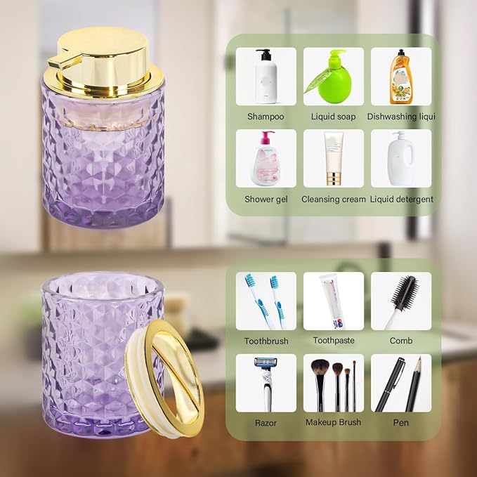 Bathroom Accessories Set, 3pcs Purple Glass Bathroom Accessory Set,Toothbrush Holder, Foaming Soap Dispenser and Tumbler, Gold Bathroom Decor Sets for Organizer, Home Apartment Gift