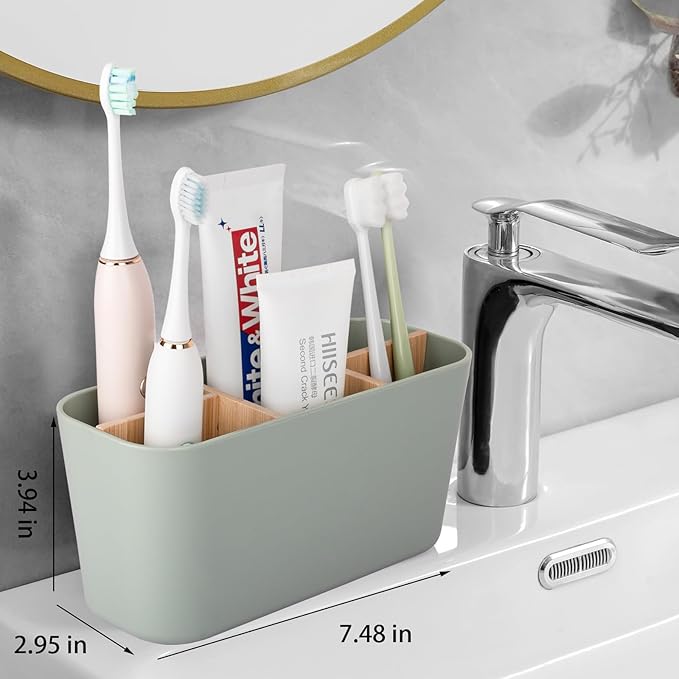 Toothbrush Holders for Bathrooms, Bamboo Tooth Brush Holder with 5 Slots Bathroom Vanity Organizer Countertop for Electric Toothbrushes, Toothpaste, Razors - Green