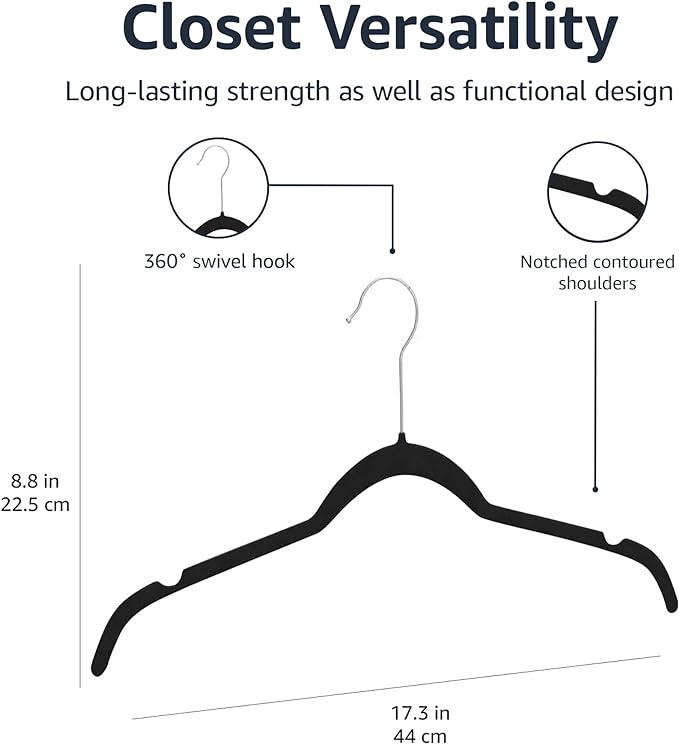 Amazon Basics Slim, Velvet, Non-Slip Shirt Clothes Hangers, Pack of 30, Black