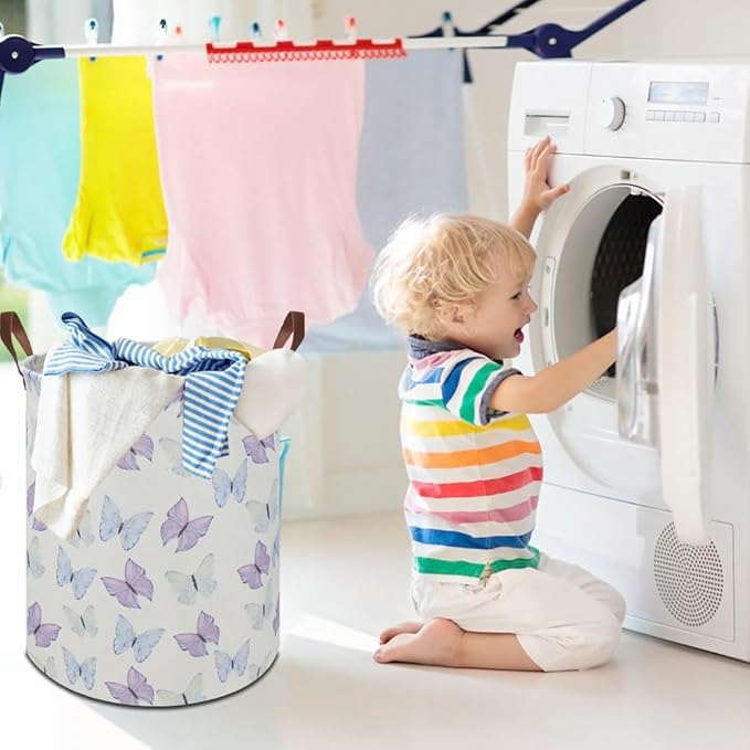 19.7" Butterfly Laundry Basket,Kids Dirty Clothes Hamper,Waterproof Toys Storage Bin,Room Decor,Gift Baskets,Baby Nursery Hamper(Blue & Purple Butterfly)