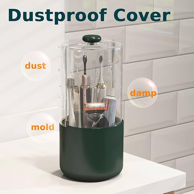 YOOLENS Toothbrush Holder with Cover 360 Rotating 4 Compartments Bathroom Toothpaste Electric Toothbrush Organizer, Dark Green