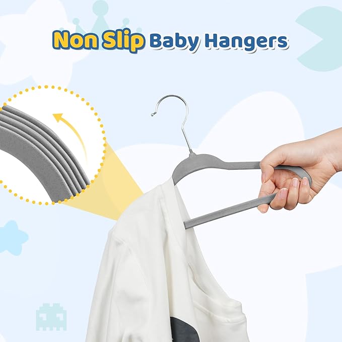 Smartor Premium 11 Inch Baby Hangers 50 Pack, Grey Kids Velvet Hanger, Non Slip, Space Saving Felt Hangers Clothes Organizers for Closet with 360° Swivel Hook for Children, Infant & Toddler