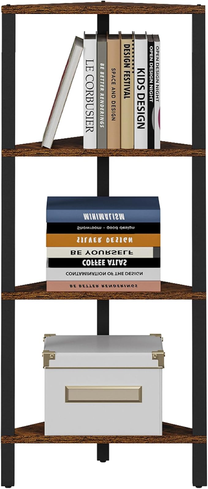 TUTOTAK Corner Shelf, 4-Tier Corner Bookshelf for Small Space, Narrow Display Corner Shelf Stand with Storage Rack, for Living Room, Bedroom, Rustic Brown BS05BB004