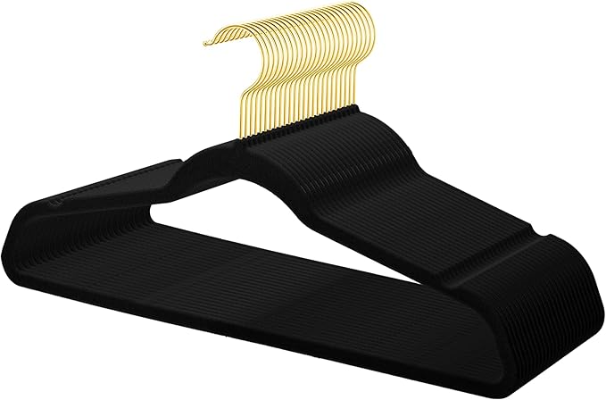 MOERKADA 36-Pack Premium Velvet Hangers with Gold Hooks - Space-Saving Non-Slip Heavy-Duty Clothes Hangers for Coats, Suits, Dresses, and Sweaters - Slim Design, Closet Organizer(Black+Gold)