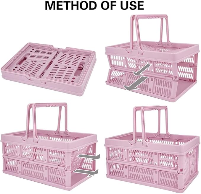 Pink crates for storage,plastic baskets for organizing,14.96" x9.84"x 7.87" collapsible shopping basket,20L foldable crate with Handles,Car Milk Dairy crate for Kitchen,Bathroom,school,office