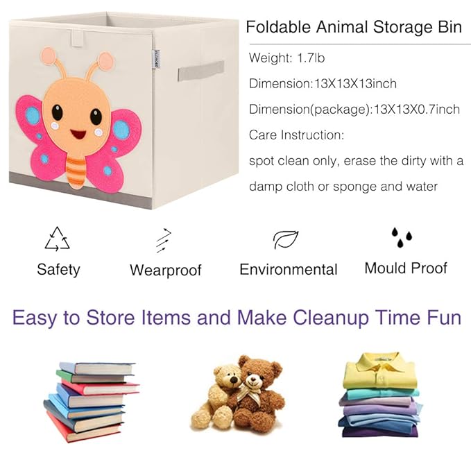 CLCROBD Foldable Animal Cube Storage Bins Fabric Toy Box/Chest/Organizer for Kids Nursery, 13 inch (Butterfly)