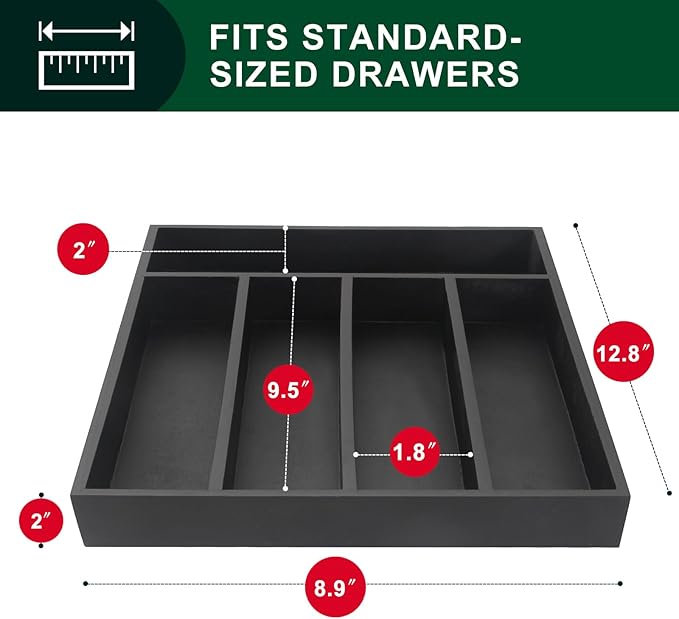 Ayiaren Small Kitchen Silverware Organizer Wooden Utensil Drawer Organizers Narrow Flatware Tray Wood Flatware Organizer for Drawer Spoon Organizer Black Utensil Holder Drawers Bamboo Silverware Tray