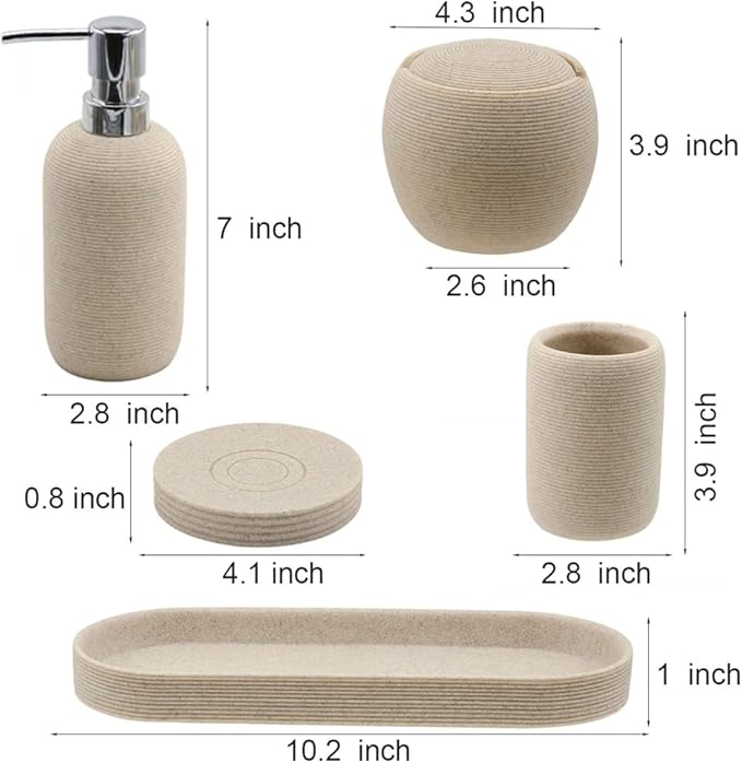 Beige Resin Bathroom Accessory Set, 5 Pcs Bathroom Accessories Set with Lotion Dispenser,Soap Dish,Toothbrush Holder,Vanity Tray,Qtip Holder Dispenser, Modern Bathroom Decor and Housewarming Gift Set