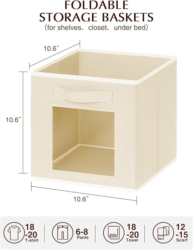Foldable Storage Cubes - Cubby Storage Organizer with Window, Decorative Baskets for Organizing, Fabric Bins for Clothes Storage, Closet Storage Cubes-11inch, Set of 12, Beige