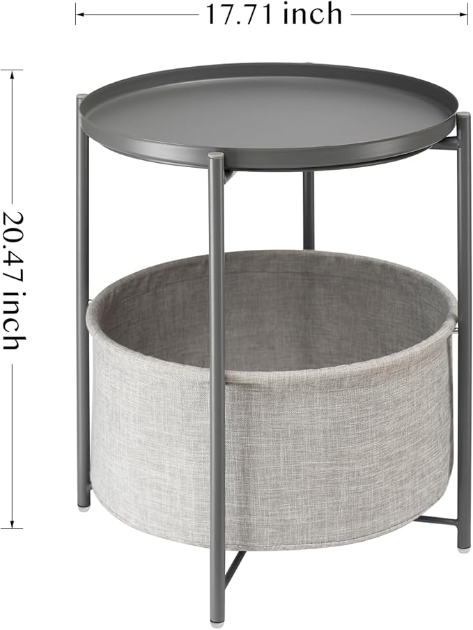 danpinera Round Side Table with Fabric Storage Basket, Metal Side Table Small Bedside Table Nightstand with Removable Tray Top for Living Room, Bedroom, Nursery, Laundry, Gray