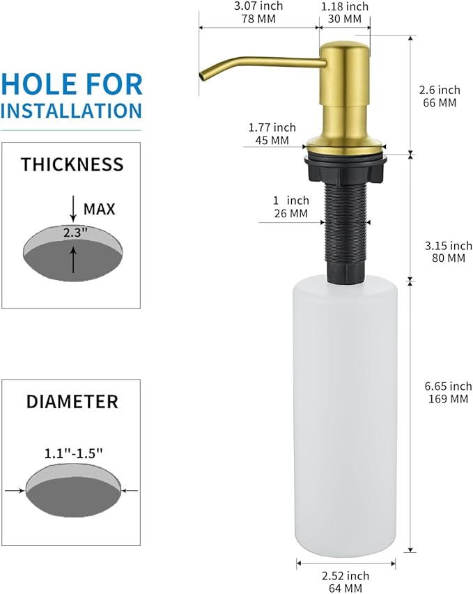 Built in Soap Dispenser for Kitchen Sink, Gold Brushed Stainless Steel Countertop Pump Head, Dish Soap Hand Lotion Dispenser with Refillable 17OZ Bottle