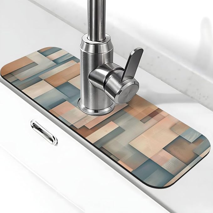 Faucet Draining Mat For Kitchen Sink, Geometric Shapes Brown Beige Diatom Mud Absorbent Drain Pad For Bathroom Kitchen Sink Splash Guard Drying Mat