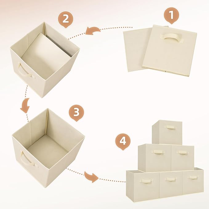 STORAGE MANIAC Storage Cubes, 11 Inch Collapsible Storage Bins with Handles, 6 Pack Fabric Foldable Bins for Organization, Durable Storage Bins for Closet, Shelves, Offices, Toys, Beige