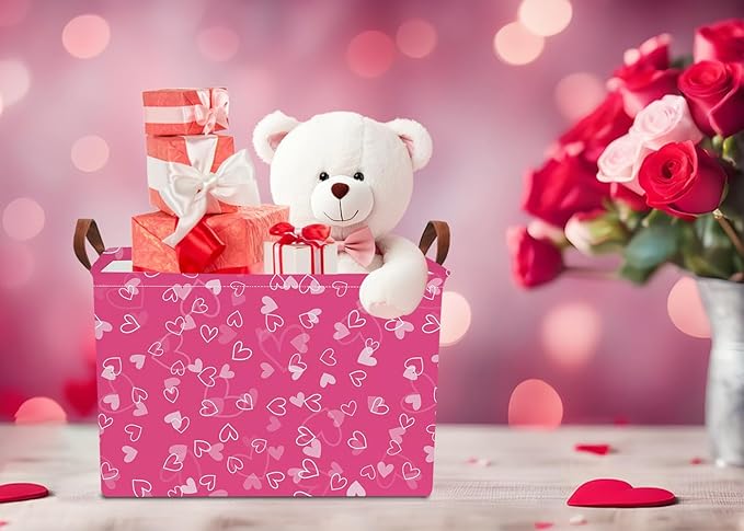 Rectangular Pink Heart Storage Basket,Gift Basket Empty,Heart Print Storage Basket with Handles,Books Box,Room Decor(Pink Hearts)