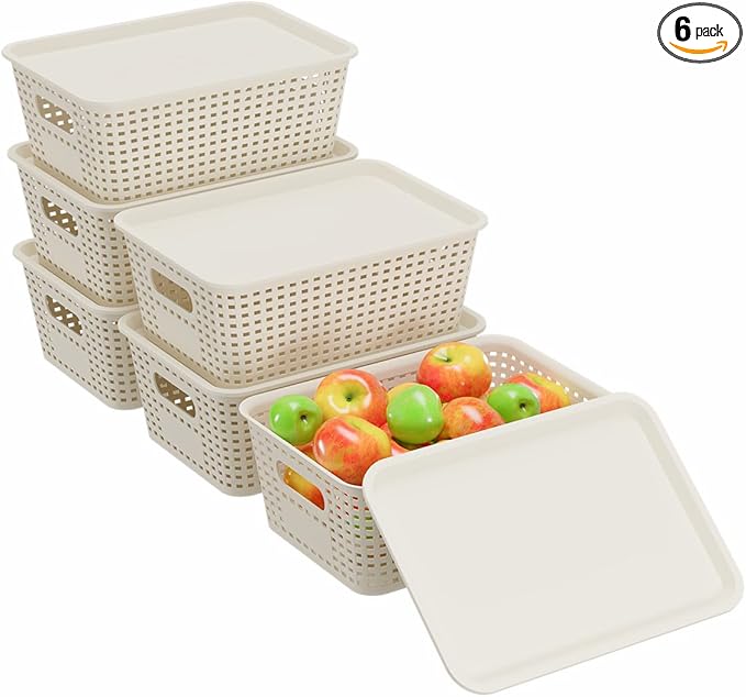 6 Pack Plastic Storage Baskets with Lids, Breathable Stackable Organizer Bins& Containers for Pantry, Desktops, Cabinet, Closet, Offices Organization Toys, Space Saving, Easy-Carry Handles,White