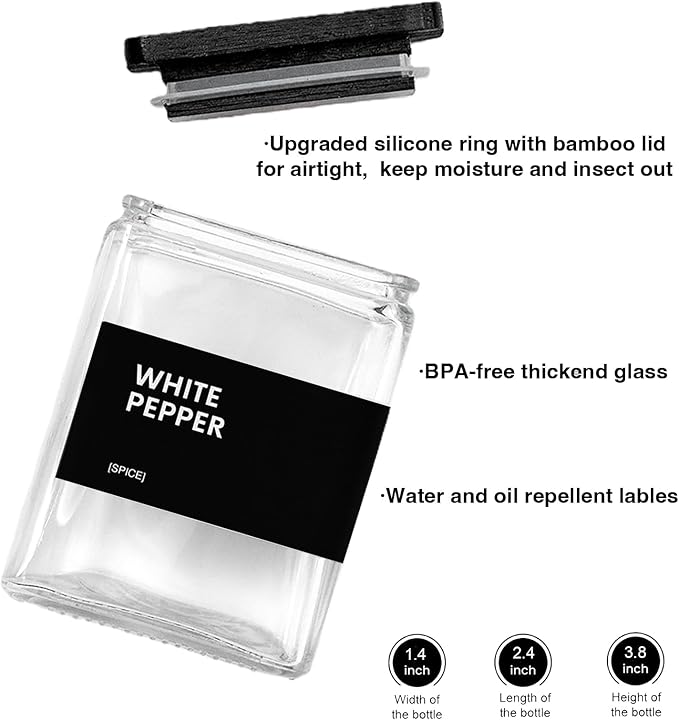 Glass Spice Jars with Bamboo Lid, 4oz Square Spice Containers for Pantry Organization, Seasoning Bottles with Labels, Spoons, Funnel for Salt Sugar