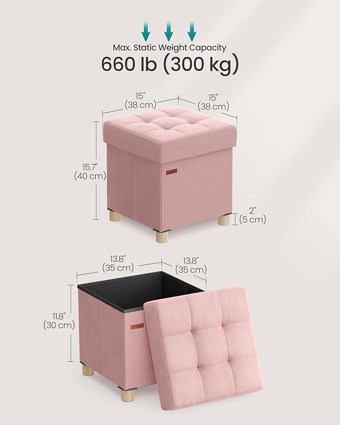 SONGMICS Small Storage Ottoman, Folding Ottoman Cube, 15 x 15 x 15.7 Inches, Footstool, Footrest, 9.8 Gal. (37 L), Velvet Surface, for Bedroom, Living Room, Dorm, Jelly Pink ULSF0516R01