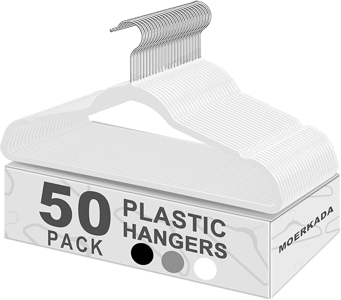 Hangers 50 Pack,Ultra-Thin Plastic Clothes Hangers (17.7 Inch) - Space-Saving Slim Hangers with Non-Slip Grooves for Wardrobe, Closet & Dorm Organization(White)