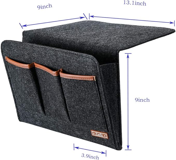Zafit Bedside Caddy, Large Size Storage Organizer with 6 Pockets for Magazine, Remotes, Phone (13.4'' x 18.1'', Dark Grey)