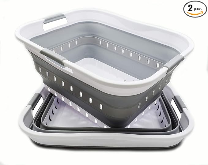 SAMMART 42L (11 gallon) Collapsible Plastic Laundry Basket - Foldable Pop Up Storage Container/Organizer - Portable Basket - Space Saving Hamper/Basket (2, White/Grey)
