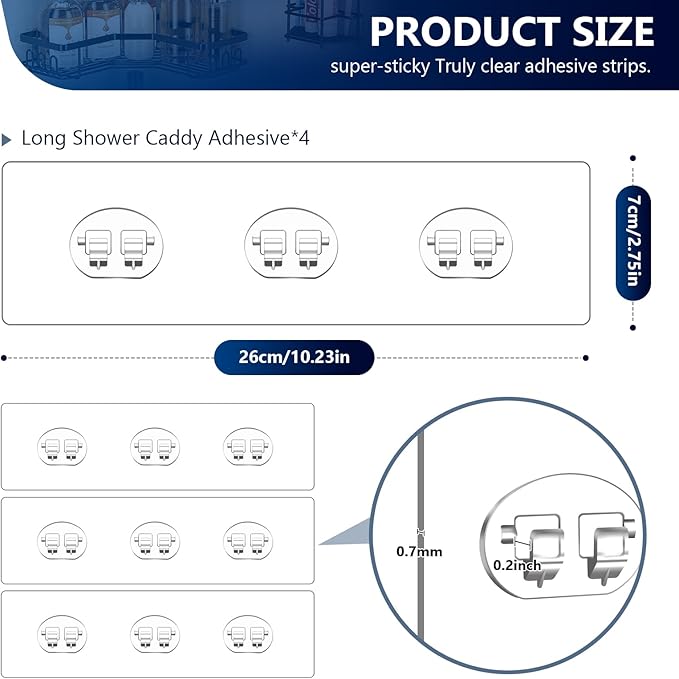 HAOBAOBEI 4 Pack Shower Shelf Adhesive Replacement, No Drilling Transparent Adhesive Hooks Stickers, Strong Wall Hook Strip for Shower Caddy Basket and Bathroom Shelf, Kitchen Racks (3 Hooks)