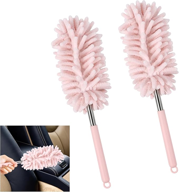 2PCS Car Interior Duster with Extension Pole, Soft Chenille Microfiber Duster for Cleaning, Scratch Free & Lint-Free, Washable Cleaning Brushes for Vehicle Details, Home, Office (Pink)